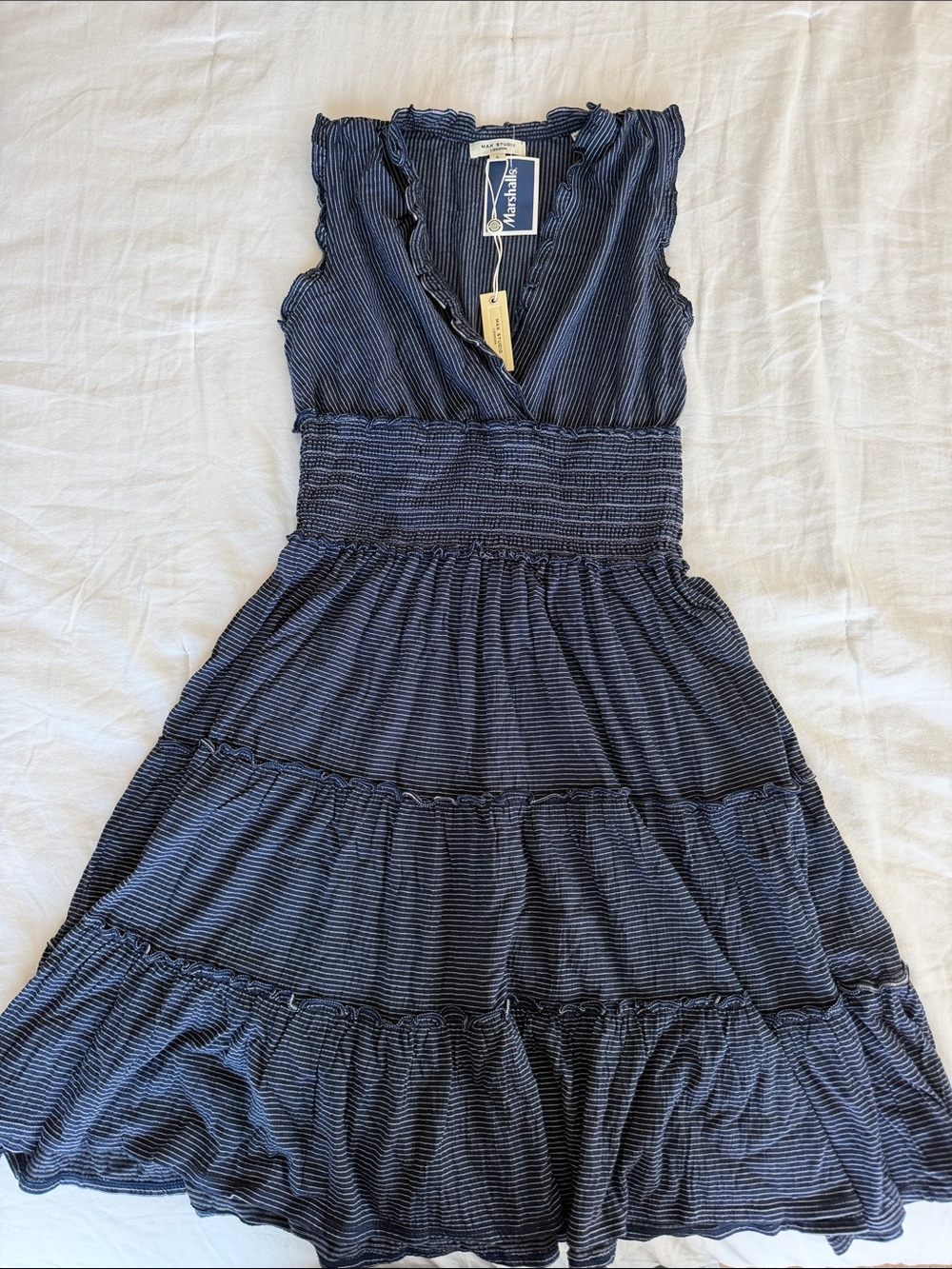 Max Studio Navy and White Striped Sleeveless Tiered Midi Dress